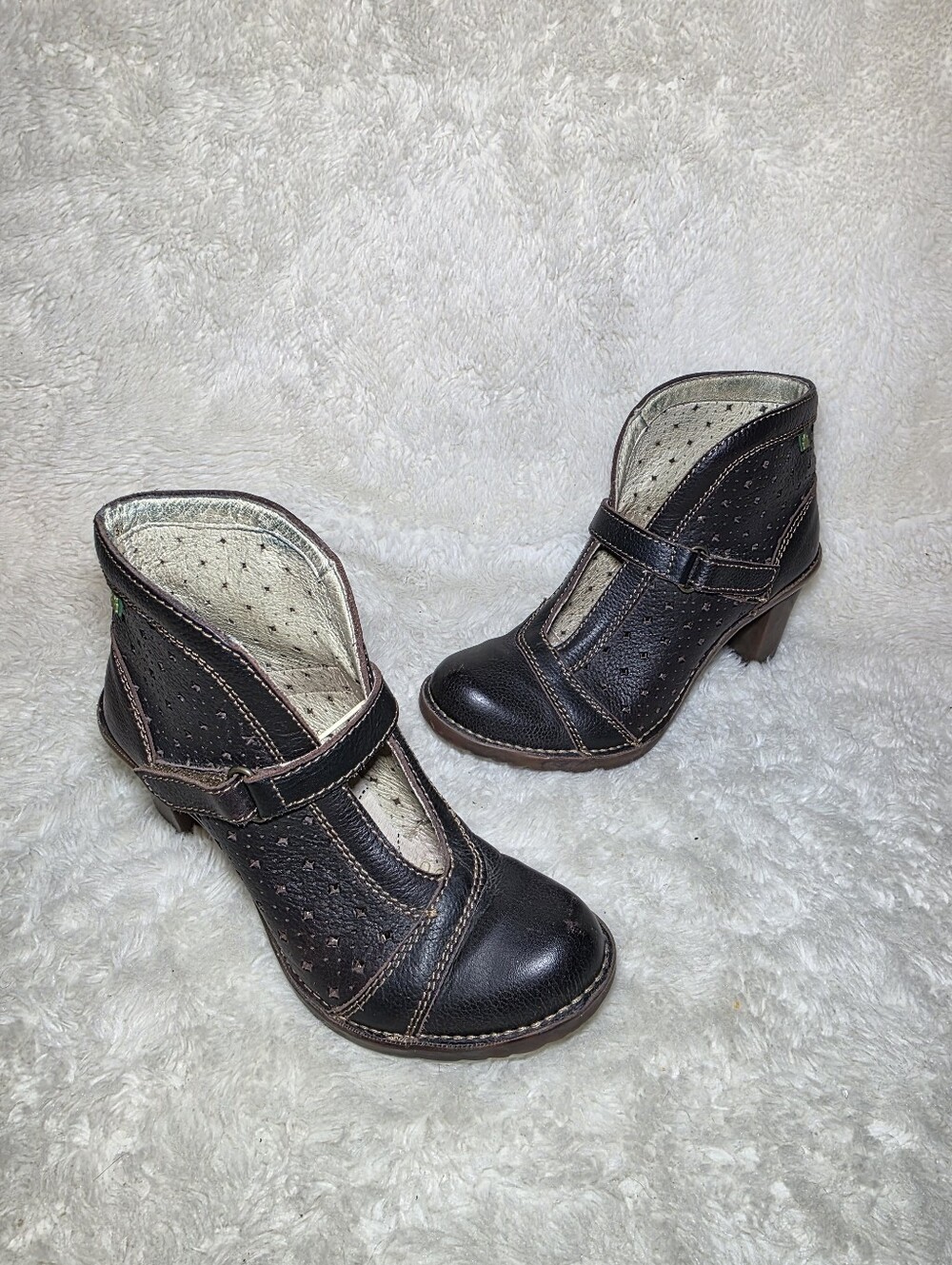 El Naturalista 508 Brown Perforated Leather Heeled T-Strap Ankle Boots EU 37 6.5
